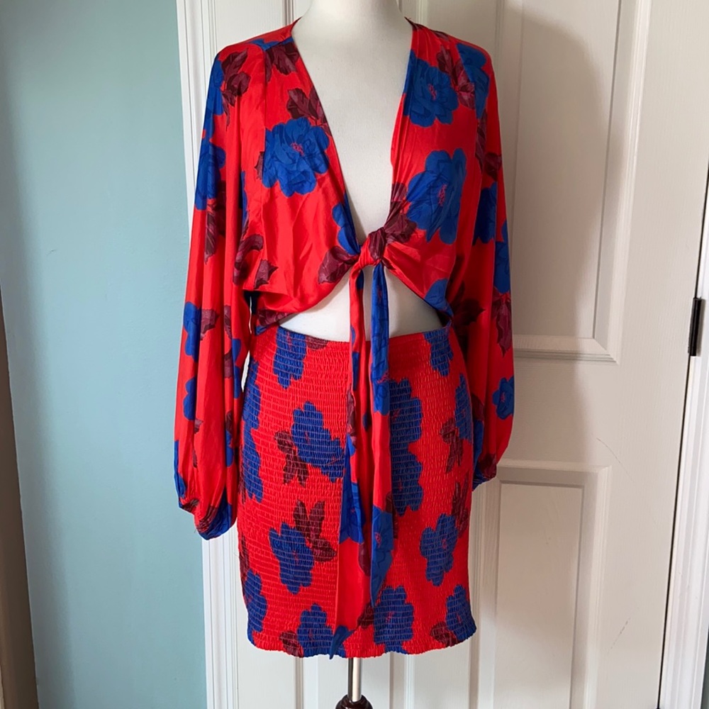 Free People Red and Blue Floral Tie-Front Dress